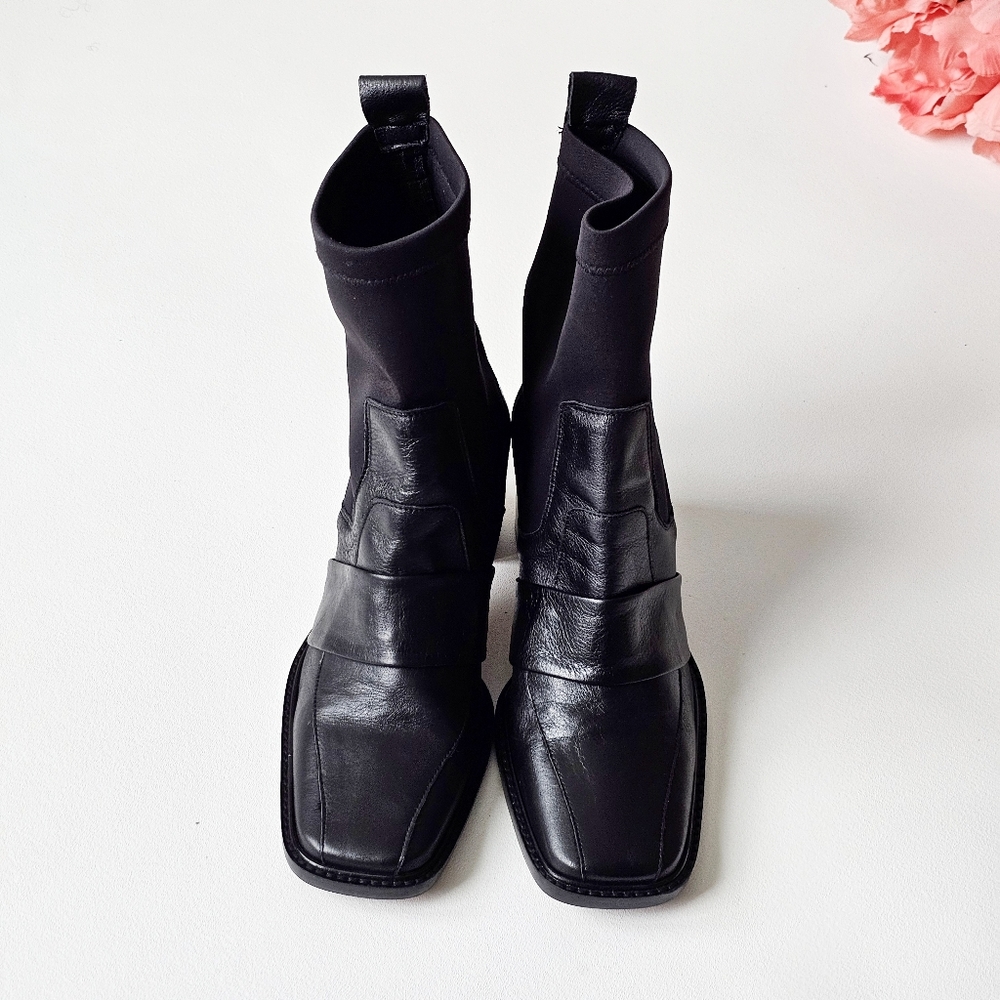 ASOS Black Leather Ankle Sock Boots Square Toe Block Heel Spain Made UK 7 US 9 - Picture 5 of 13